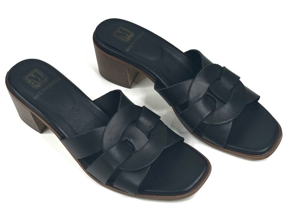 M by Bruno Magli Aria Slide Sandal Black Leather Womens 8M Block Heel New $325